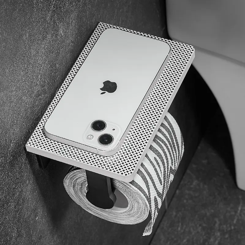 Slate Toilet Paper Holder with Aluminum Rack Art Spotted Rock Slab Shelf Roll Paper Phone Holder Dispenser Punching Storage Rack