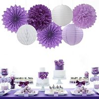 Décorations de fête violet-blanc lavande – Guirlandes, lanternes en papier, éventails, pompons pour anniversaire de femme ou de fille, mariage, fiançailles, enterrement de vie de jeune fille