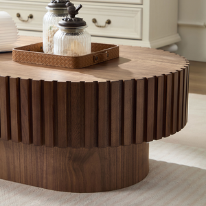 Modern Handcraft Drum Oval Wooden Coffee Table for Living Room <b>Small</b> Sturdy Pedestal Office Set - Product Image 3
