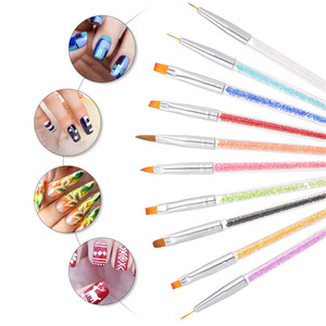 Ensemble de pinceaux à ongles en nylon avec manche en plastique diamanté coloré, pinceaux plats, biseautés, pour la peinture au gel UV - Product Image 1