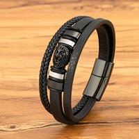 Bracelet en cuir véritable tressé multicouche personnalisé avec tête de lion et fermoir magnétique en acier inoxydable - Acier inoxydable et cuir durables