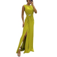 Élégante Robe Longue Jaune 2025 pour Femme, Sans Manches, Coupe Slim, Plissée, Décoration de Taille Diamant d'Eau, Robe de Soirée de Fête