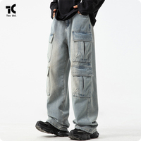 Pantalon cargo long décontracté noir tendance pour homme, coupe ample, en denim clair délavé et vieilli, style Y2K, écologique et confortable