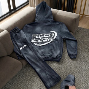 Conjunto Deportivo Personalizado para Hombre de Alta Calidad, Sudadera con Capucha de Algodón con Cierre Completo Estilo Vintage, Pantalones Deportivos Acampanados con Lavado Ácido Estilo Vintage - Product Image 2