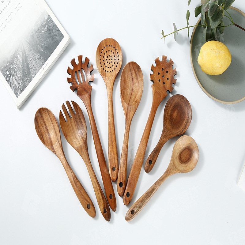 Nonstick Acacia Wood Kitchen Cooking Spoons Spatula Non Toxic Spatulas Turner Slotted Serving Spatula Salad Mixing Spoon Fork