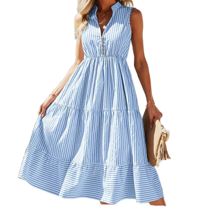 Vestido Midi a Rayas de Verano para Mujer, Casual, sin Mangas, con Detalle de Borlas, Cuello con Lazo, Modesto, para Fiesta, Venta al Por Mayor - Product Image 1