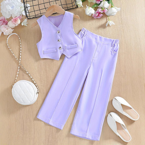 Conjunto <span class=keywords><strong>de</strong></span> 2 Piezas <span class=keywords><strong>para</strong></span> Niñas, Chaleco Color Lavanda y Pantalones Anchos, <span class=keywords><strong>Ropa</strong></span> Casual y Formal <span class=keywords><strong>de</strong></span> Verano <span class=keywords><strong>para</strong></span> Niñas Pequeñas, Venta al Por Mayor - Product Image 2