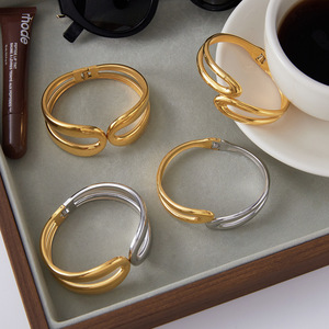 Geometric Stainless Steel <b>Bangle</b> Double Layer Spring Opening Unisex Jewelry Fashion <b>Bracelet</b> Gold <b>Silver</b> Color - Product Image 2