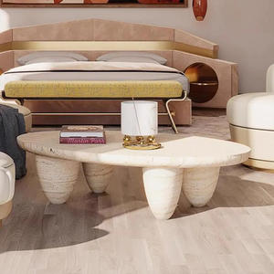 Mesa de Centro de Travertino Natural de Alta Gama con Patas Curvas Orgánicas, Mesa Artística para Sala de Estar Moderna Italiana Estilo Wabi-Sabi y <span class=keywords><strong>Hotel</strong></span> - Product Image 1
