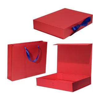 Custom Branding Magnetic Closure Folding Gift Box For Garments Ribbon Handle Rectangular Folding Clothing Packaging