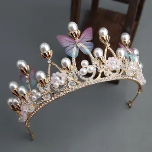 finestyle AT002头饰de Casamento珠宝女王皇冠-蝴蝶珍珠和钻石结婚皇冠和女性头饰