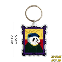 Porte-clés Panda dans un cadre orné, portrait artistique en acrylique avec pipe, cheveux bleus et bordure violette, breloque original style musée