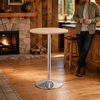 Table de bistrot de café commercial avec plateau rond en bois de noyer robuste et base en acier chromé