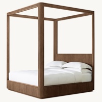 Cama con Dosel de Roble Americano Moderno, Tamaño Personalizable, Estructura de Madera con Cuatro Postes Acanalados, Juego de Cama King de Lujo con Madera Artesanal