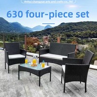 Ensemble de meubles de jardin en rotin de style américain, quatre pièces, comprenant une table basse, un banc de patio, un cadre en métal, des sièges rembourrés imperméables