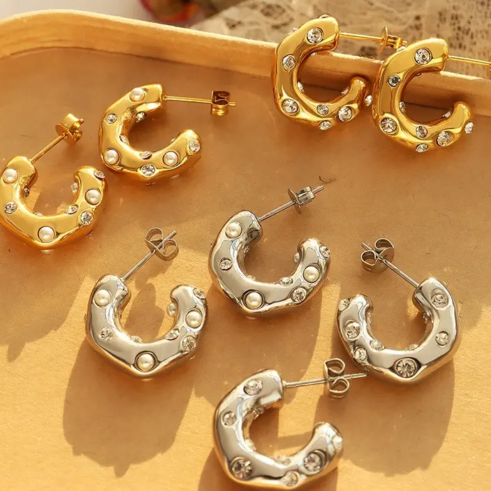 Boucles d'oreilles rondes en acier inoxydable plaqué or 18k, bijoux en forme de marteau, Zircon brillant en forme de CC, boucles d'oreilles pour femmes