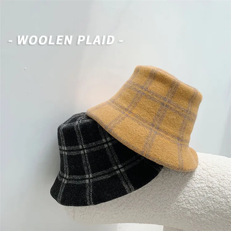 Factory Best Selling Autumn Winter Fashion Soft Material Colorful Warm Women Favorite Plaid Wool Bucket Hats