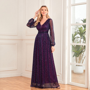 Abiti da Sera di Lusso in Raso Chic da Donna Abiti da Damigella d'Onore <span class=keywords><strong>Maniche</strong></span> <span class=keywords><strong>Lunghe</strong></span> Scollo a V Fodera Lucida Formale Elasticizzato - Product Image 5