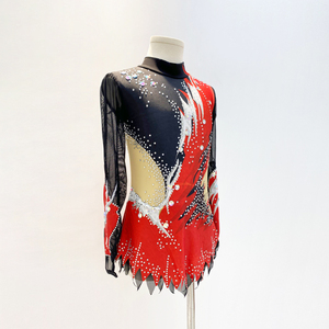 Maillot de Gimnasia Rítmica Rojo y Negro para Niñas, Vestido de Competición de Patinaje Artístico, Unitardo de Manga Larga con Malla para Actuaciones en Escenario - Product Image 3