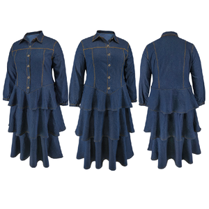 <span class=keywords><strong>Robe</strong></span> en jean grande taille Y218511 de haute qualité pour <span class=keywords><strong>femme</strong></span>, à manches longues, col à revers et volants multicouches, idéale pour l'automne - Product Image 6