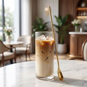 Cuchara para Café y Tenedor para Frutas de Acero Inoxidable 304 con Mango Largo, Minimalista, con Recubrimiento PVD Dorado, para Bar o Cafetería, Venta al Por Mayor - Product Image 2