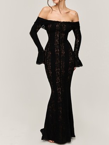 Vestido de Encaje con Hombros Descubiertos, <span class=keywords><strong>Manga</strong></span> <span class=keywords><strong>Larga</strong></span>, Corte Evase, Cintura Alta y Falda de Cola de Pez, Casual y Elegante para Mujer - Product Image 4