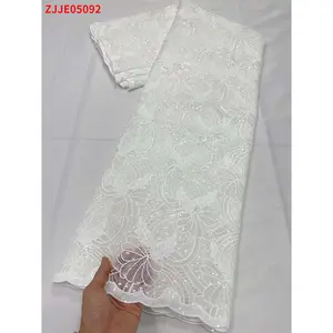 蕾丝串珠织物薄纱网眼织物可持续3d花朵刺绣蕾丝刺绣婚礼法国新娘亮片5码/件