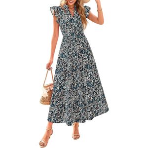 FOXA Vestido midi floral para mujer, manga corta, cuello en V, volantes, corte en A, estilo bohemio, informal, para vacaciones en la playa - Product Image 1