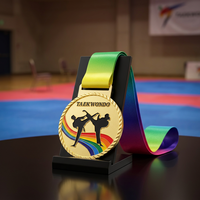 Médaille de Taekwondo personnalisée en alliage de zinc, récompense sportive ronde dorée avec ruban arc-en-ciel pour tournoi