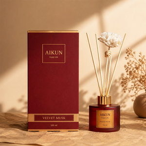 Aikun Low MOQ Red Frosted Round Glass 100ml Sticker Gold Box Any Scent Long Lasting Reed Diffuser Gift <b>Set</b> for Holiday Gifts - Product Image 1