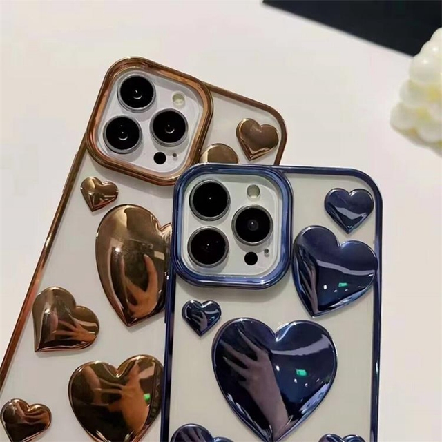 Luxury 3d Heart Lovely Plating Laser Embossing Mobile Phone Cover for iphone 16 11 12 13 14 15 Pro Max case Tpu Skin Protective