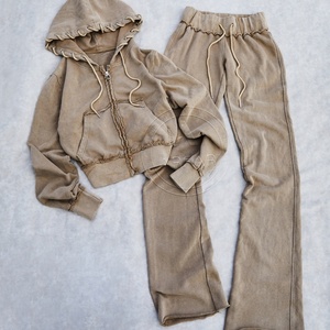 Custom Women Wholesale Vintage 100% Cotton Zip up Tracksuit High Quality Acid Washed <b>Sweatpants</b> Hoodie <b>Set</b> Two Piece <b>Sets</b> - Product Image 3