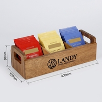 Boîte à sachets de thé Landy en bois d'acacia rustique écologique avec poignées, gravée, 3 compartiments, boîte de rangement ouverte pour café, vente en gros