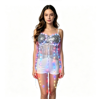 Haut court LED à franges et sequins, style halter, pour performance scénique adulte, haut court à sequins argentés, style cami, pour femme