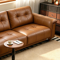 112185 Canapé en cuir véritable Quanu de style vintage du milieu du siècle, 3 places, base en bois massif, canapé en cuir véritable brun antique, meubles