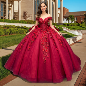 Abiti da ballo rossi moderni per Quinceañera, per donne curvy, lunghi fino al pavimento, con decorazioni in pizzo e ricami, per spose e matrimoni - Product Image 1