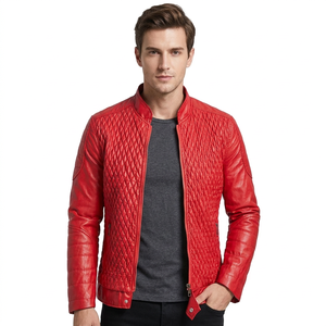 Chaqueta de Cuero para Hombre, Estilo Retro, Impermeable, Acolchada, con Cierre, Cuello Camisero, Transpirable y Ecológica, Color Rojo - Product Image 1