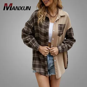 Plaid Printing Color - block Ladies Tops Button Front Long Sleeve Blouse Pocket Front Patched Fashionable Women Clothing