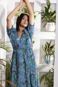 Vestido Azul con Estampado Floral y Mangas Abullonadas para Mujer, con Escote en V, Detalle de Volantes y Silueta Evase para un Look Casual y Elegante - Product Image 4