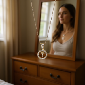 Collana con Ciondolo Lettera T in Strass, Catena da 2Cm, Tono Argento e Oro, Acciaio Ref45605 - Product Image 1