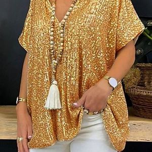 Women <b>Sequined</b> V-Neck Short Sleeve Shirt Gold Loose Fit Casual Top 3D Effect Hot Stamping Acetate Fiber - Product Image 1