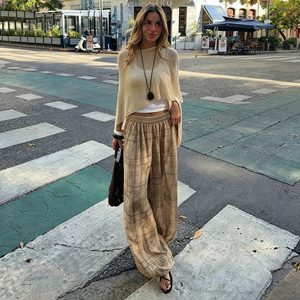Street Style Vintage Floral Print Plaid Loose Straight Leg Casual Pants Relaxed Versatile Home Wear Elastic Waist Long Pants - Product Image 5