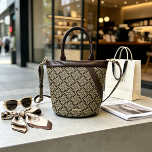 Sac seau rétro en jacquard pour femme avec garniture en cuir contrastant, poignée supérieure et bandoulière amovible, idéal pour les trajets quotidiens - Product Image 5