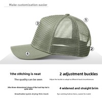 Gorra de béisbol de malla de 6 paneles de alta calidad, nueva, fresca y transpirable, con visera de pico de pato ampliada y profunda, y hebilla dorada de cobre común.
