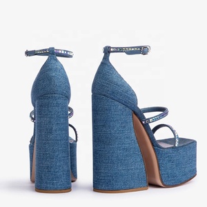 Mixed Rhinestone Denim <b>Sandals</b> Thick High Heel Thick Platform Summer Women's Dress Shoes Ankle Buckles Blue Pumps - Product Image 2