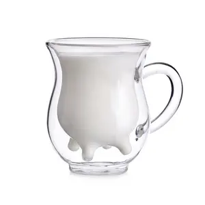 Cute cups heat resistant double wall glass creative mug milk bottle dairy cow milk glass cups coffee mug 250ml