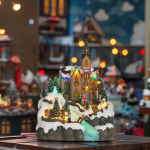 Decorazioni Natalizie a LED: Villaggio Natalizio con Chiesa sul Colle, Casa in Resina e Fiume in Fibra Ottica in Movimento per Bambini - Product Image 1