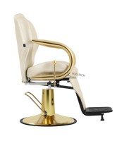 Sillón de Barbería Hidráulico Reclinable, Silla de Estilismo de Salón en Cuero Sintético Beige con Reposabrazos Dorado para Peluquería y Belleza