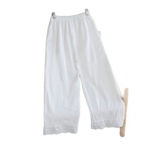 Cotton Linen Wide Leg Pants Loose Cropped With Lace Trim Women Spring Summer Casual Breathable Solid Color Apricot White - Product Image 5