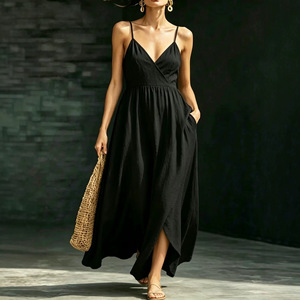 Abiti Casual all'Ingrosso 2026, Vestito Lungo Elegante da Donna Europeo e Americano con Scollo a V, Schiena Scoperta, Spalline Sottili e Tasche Laterali - Product Image 2